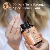30 days to stronger, more radiant skin with liposomal Vitamin C supplement; woman holding Tonicc bottle showing results timeline for immune and beauty benefits