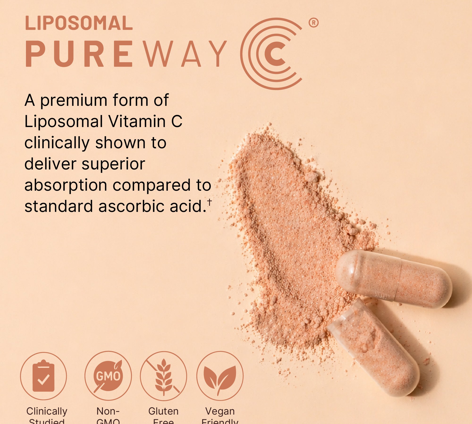 PureWay-C premium liposomal Vitamin C powder and capsules, clinically studied superior absorption, non-GMO gluten-free vegan friendly certified supplement ingredient