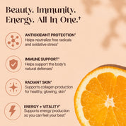 Tonicc Vitamin C supplement benefits infographic showing antioxidant protection, immune support, radiant skin collagen, and energy vitality with orange slice, beauty immunity energy all in one