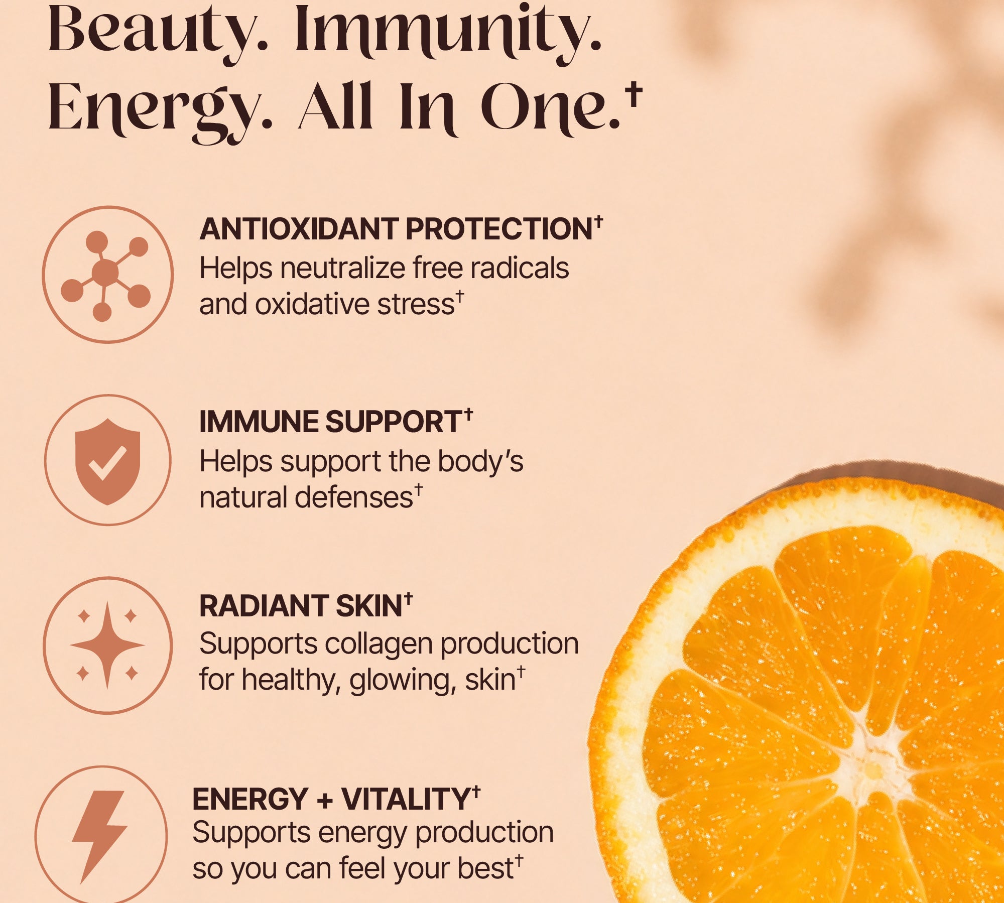 Tonicc Vitamin C supplement benefits infographic showing antioxidant protection, immune support, radiant skin collagen, and energy vitality with orange slice, beauty immunity energy all in one