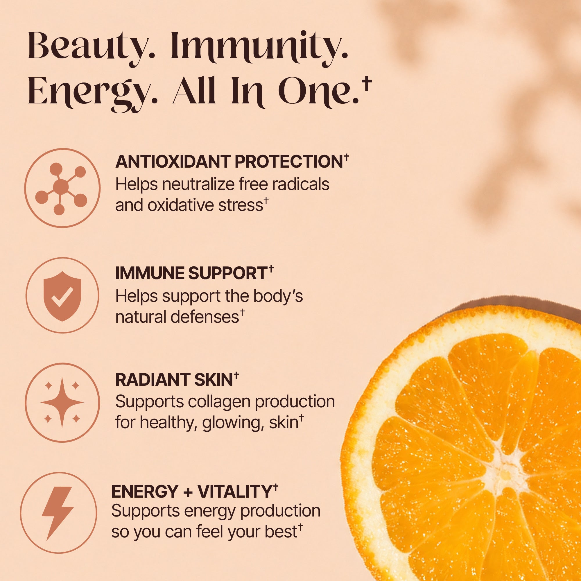 Tonicc Vitamin C supplement benefits infographic showing antioxidant protection, immune support, radiant skin collagen, and energy vitality with orange slice, beauty immunity energy all in one