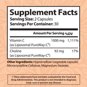 Supplement Facts label for Tonic Liposomal Vitamin C, 1000mg PureWay-C per serving, 2 capsules daily, 30 servings, includes 92mg choline, vegetable capsule, vegan gluten-free