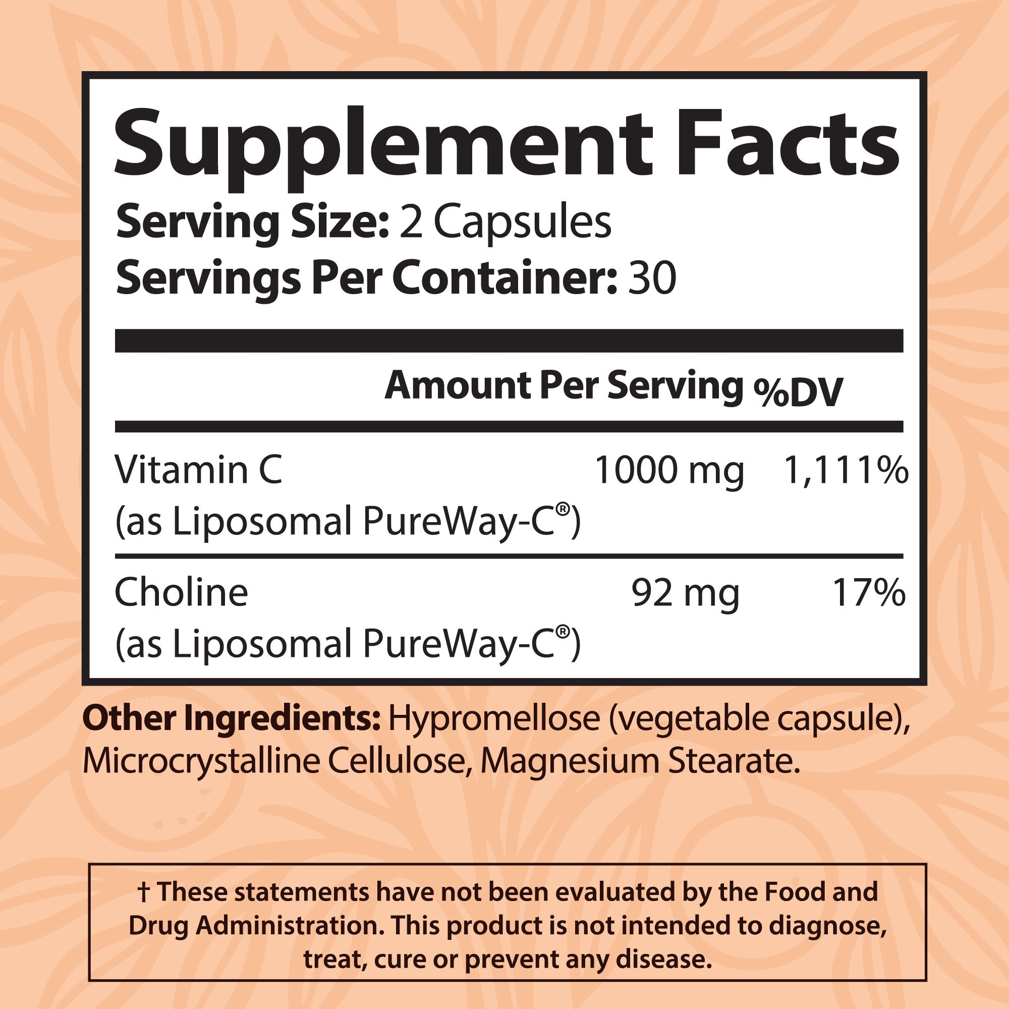 Supplement Facts label for Tonic Liposomal Vitamin C, 1000mg PureWay-C per serving, 2 capsules daily, 30 servings, includes 92mg choline, vegetable capsule, vegan gluten-free